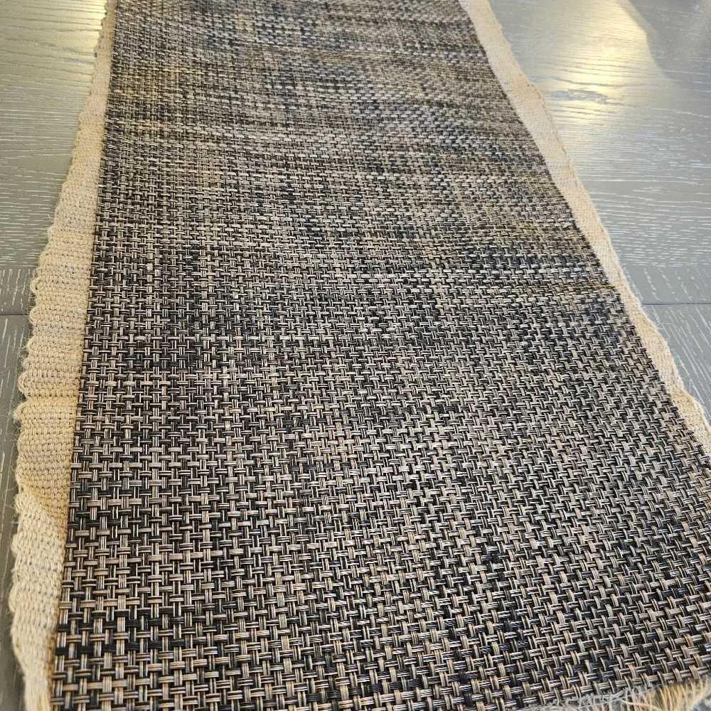 VINTAGE 2 piece Runner Tan Burlap w Fringe & Brown Weave. 72